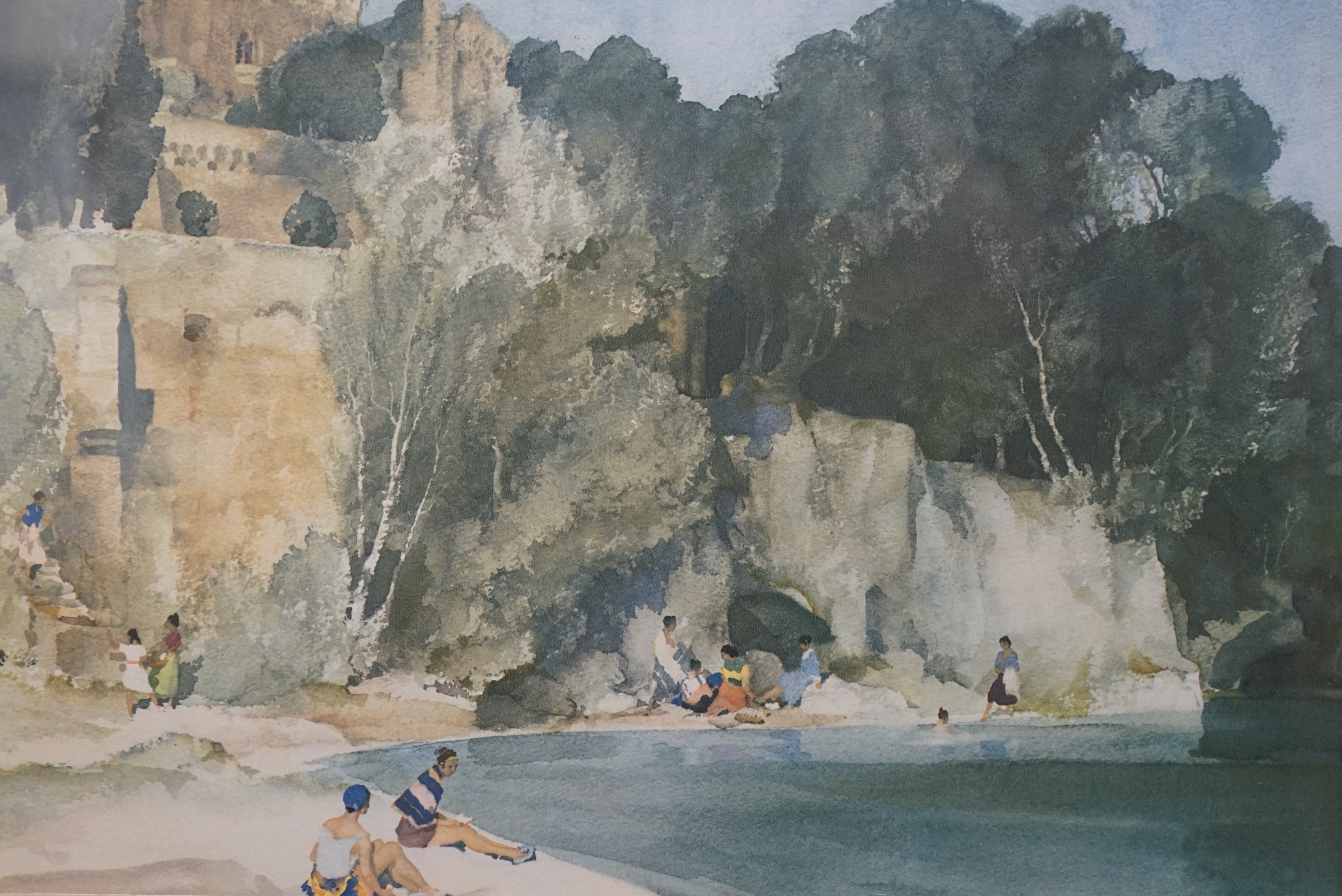 William Russell Flint (1880-1969) two colour prints, Pool below chateau and one other, one signed in pencil, gallery label verso, largest 39 x 27cm